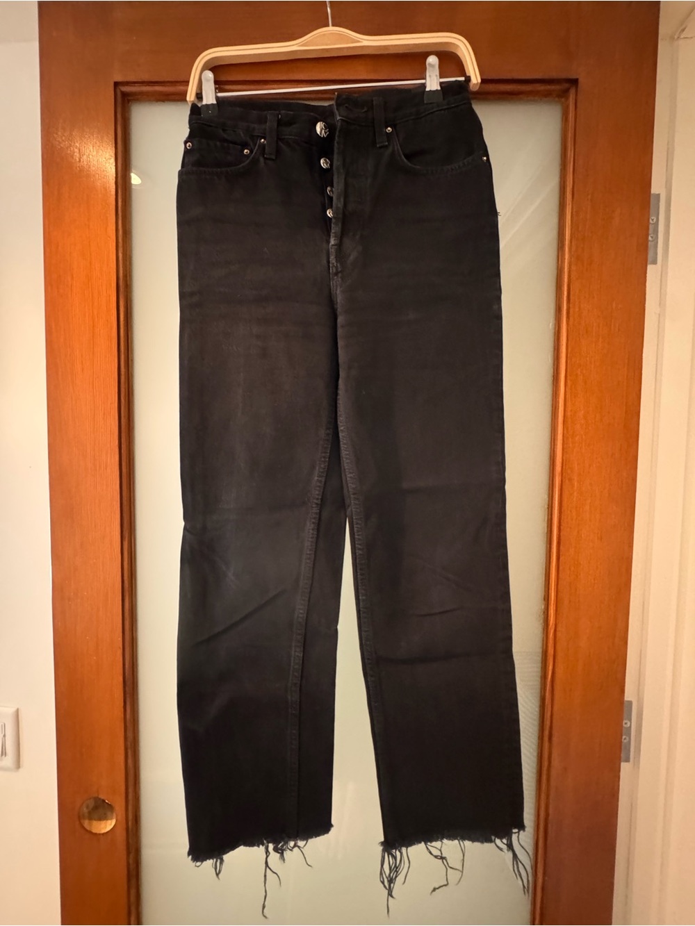 Toteme Black High-Rise Straight-Leg Jeans with Frayed Hem